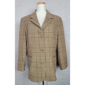 LL Bean Womens Tan Plaid Wool‎ Cashmere Blazer Jacket Sz 18E